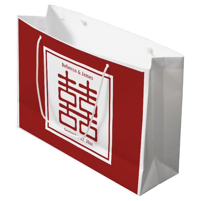 Chinesische Hochzeit mit doppeltem Glück Große Geschenktüte (Vorderseite Schrägansicht)