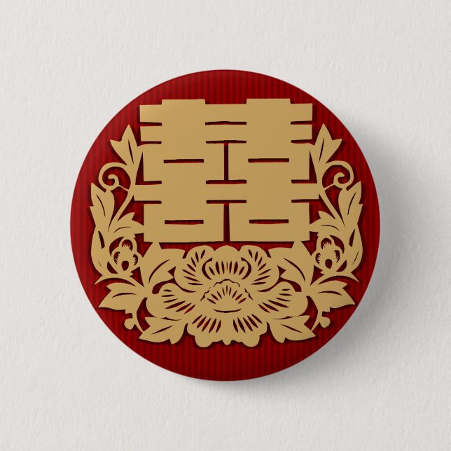 Chinesische Hochzeit mit doppeltem Glück und Blume Button (Vorderseite)