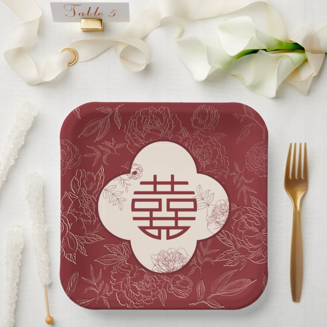 Chinesische Hochzeit mit floralem doppeltem Glück Pappteller (Hochzeit)