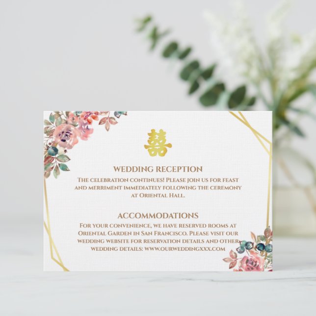 Chinesische Hochzeit mit geometrischem Blumenkranz Begleitkarte (Stehend Vorderseite)