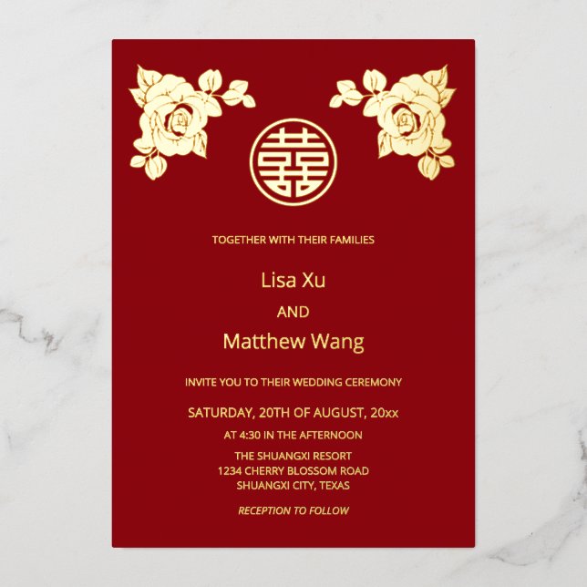 Chinesische Hochzeit mit Gold-Rose Folieneinladung (Vorderseite)