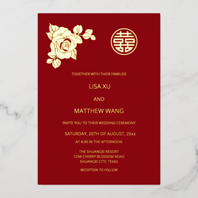 Chinesische Hochzeit mit Gold-Rose Folieneinladung (Vorderseite)