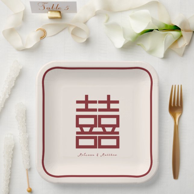 Chinesische Hochzeit mit modernem Red Double Happy Pappteller (Hochzeit)