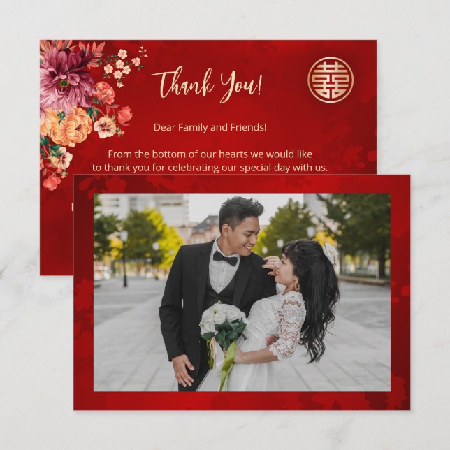 Chinesische Hochzeit mit Peony Foto Dankeskarte (Vorne/Hinten)