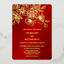 Chinesische Hochzeit mit Red Gold Cherry Blossom Folieneinladung