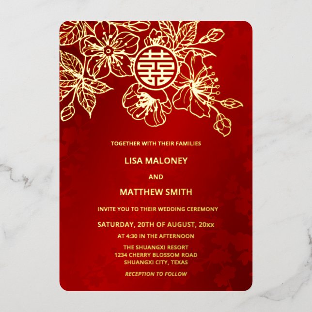 Chinesische Hochzeit mit Red Gold Cherry Blossom Folieneinladung (Vorderseite)