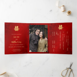 Chinesische Hochzeit mit Red Gold Foto Dreifach Gefaltete Einladung