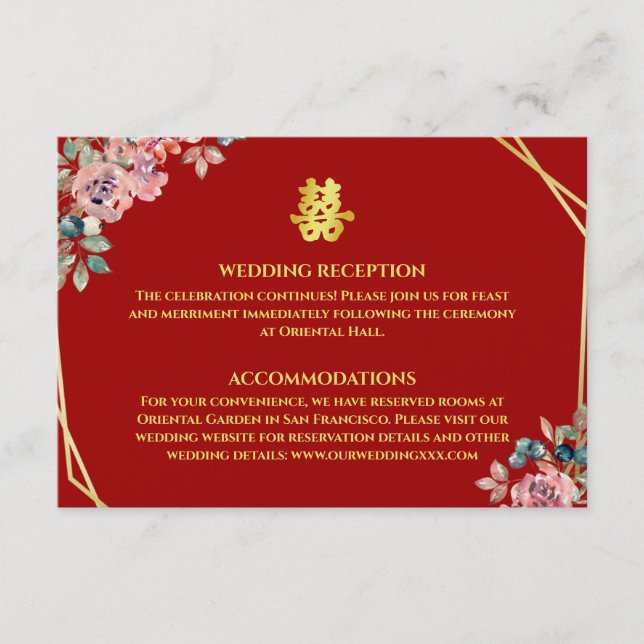 Chinesische Hochzeit mit rotem goldenem geometrisc Begleitkarte (Vorderseite)