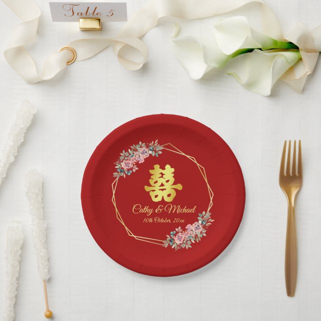 Chinesische Hochzeit mit rotem goldenem geometrisc Pappteller (Hochzeit)