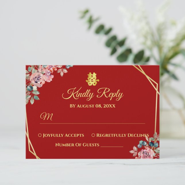 Chinesische Hochzeit mit rotem goldenem geometrisc RSVP Karte (Stehend Vorderseite)