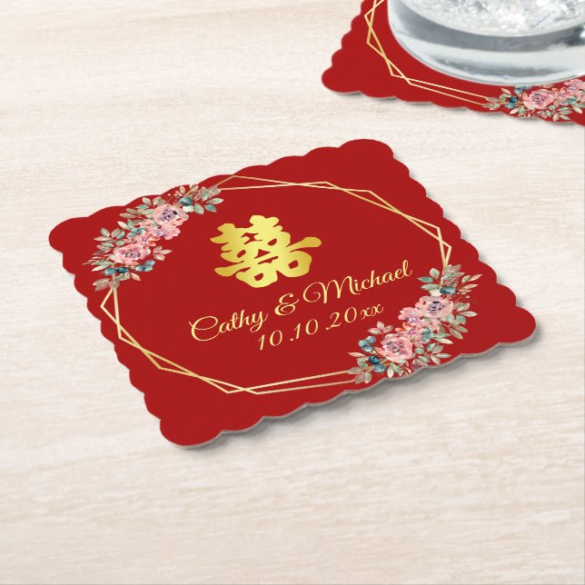 Chinesische Hochzeit mit rotem goldenem geometrisc Untersetzer (angewinkelt)