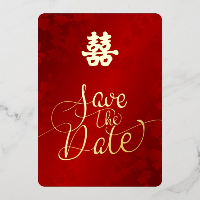 Chinesische Hochzeit rettet das Datum Folieneinladung (Vorderseite)