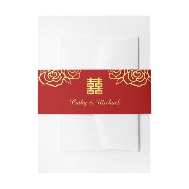 Chinesische Hochzeit Rose Papercut rot und gold Einladungsbanderole (Vorderseite Beispiel)