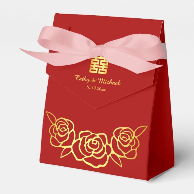 Chinesische Hochzeit Rose Papercut rot und gold Geschenkschachtel (Vorderseite)