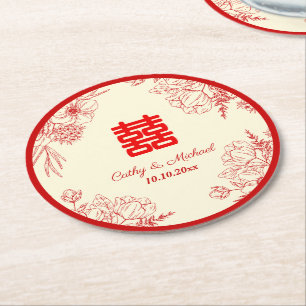 Chinesische Hochzeit rot beige floral orientalisch Runder Pappuntersetzer