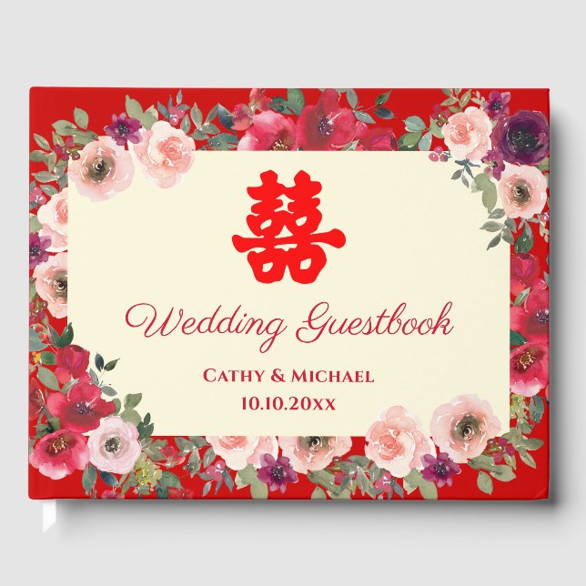 Chinesische Hochzeit roter Garten Blumen Doppelglü Gästebuch (Vorderseite)