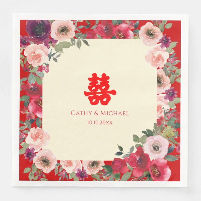 Chinesische Hochzeit roter Garten Blumen Doppelglü Serviette (Vorderseite)