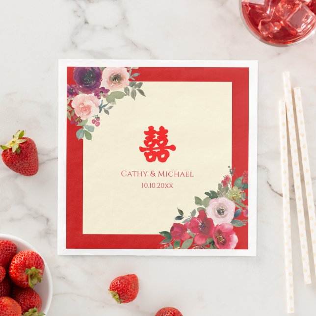 Chinesische Hochzeit roter Garten Blumen Doppelglü Serviette (Beispiel)