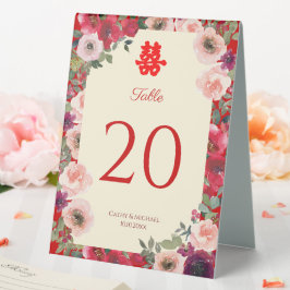 Chinesische Hochzeit roter lila Blumen Tischnummer Tischaufsteller