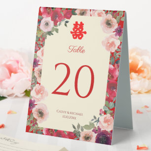Chinesische Hochzeit roter lila Blumen Tischnummer Tischaufsteller