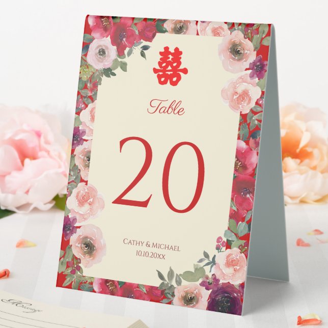 Chinesische Hochzeit roter lila Blumen Tischnummer Tischaufsteller (In Situ (Hochzeit))