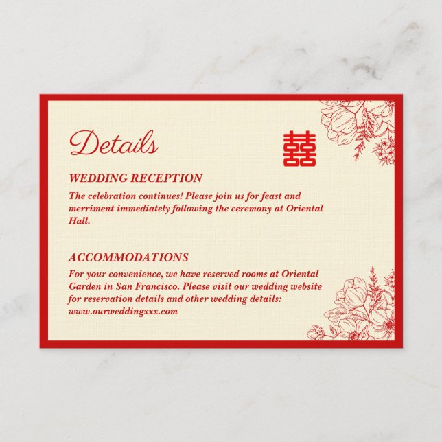 Chinesische Hochzeit rotes Beige Blumengestein Ori Begleitkarte (Vorderseite)