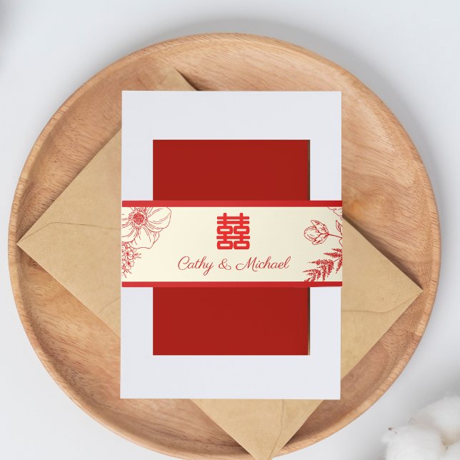 Chinesische Hochzeit rotes Beige Blumengestein Ori Einladungsbanderole (Von Creator hochgeladen)