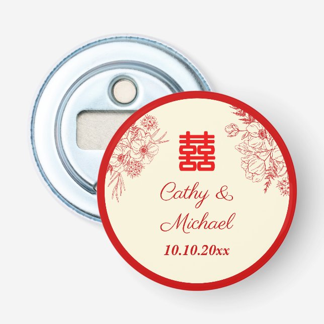 Chinesische Hochzeit rotes Beige Blumengestein Ori Flaschenöffner (Vorderseite)