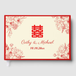 Chinesische Hochzeit rotes Beige Blumengestein Ori Gästebuch