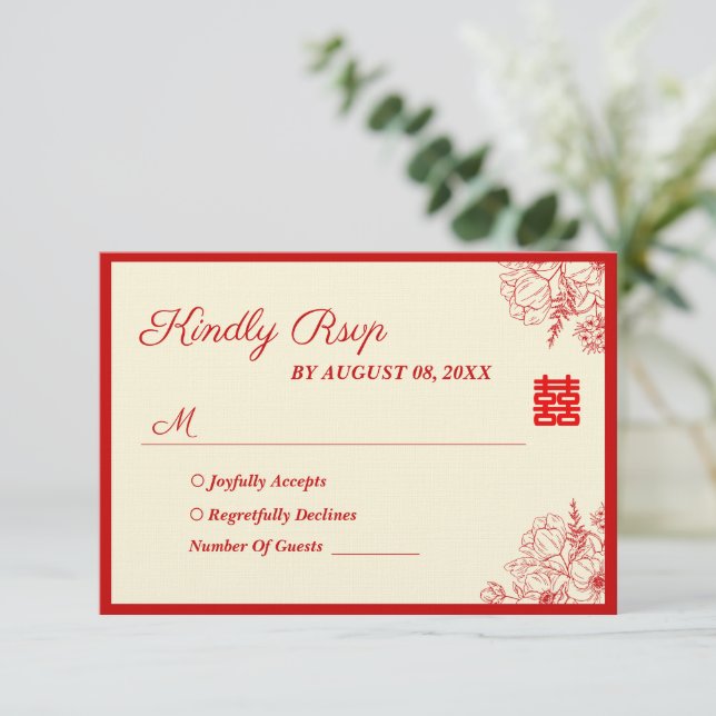 Chinesische Hochzeit rotes Beige Blumengestein Ori RSVP Karte (Stehend Vorderseite)