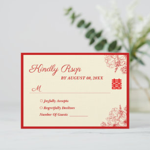 Chinesische Hochzeit rotes Beige Blumengestein Ori RSVP Karte