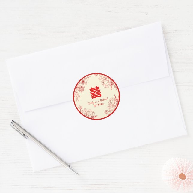 Chinesische Hochzeit rotes Beige Blumengestein Ori Runder Aufkleber (Umschlag)