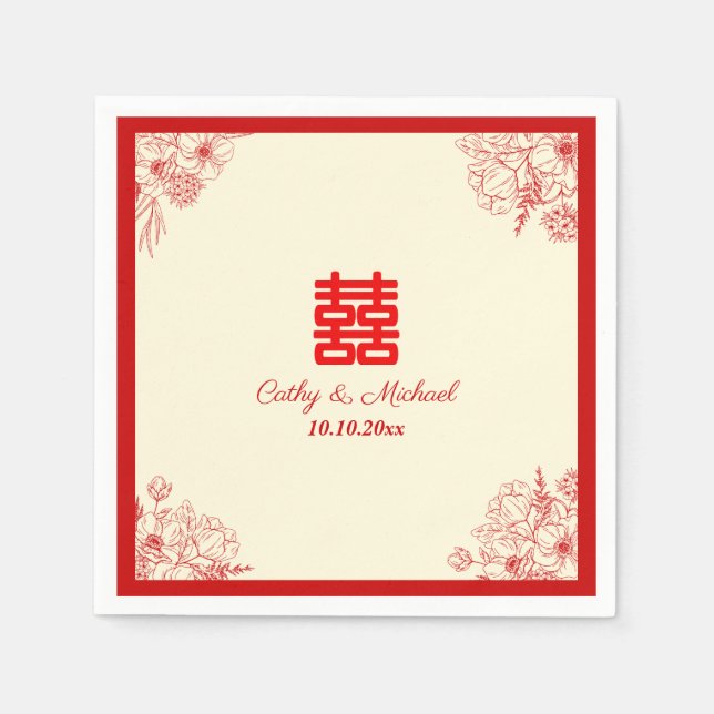 Chinesische Hochzeit rotes Beige Blumengestein Ori Serviette (Vorderseite)