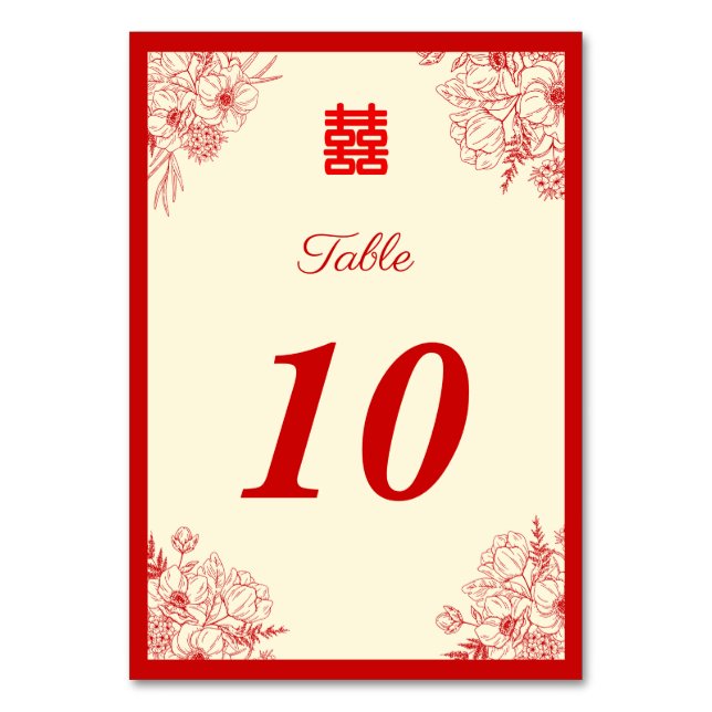 Chinesische Hochzeit rotes Beige Blumengestein Ori Tischnummer (Vorderseite)