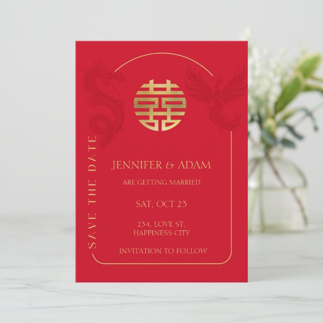 Chinesische Hochzeit Sichern Sie das Datum Asiatis Einladung (Stehend Vorderseite)