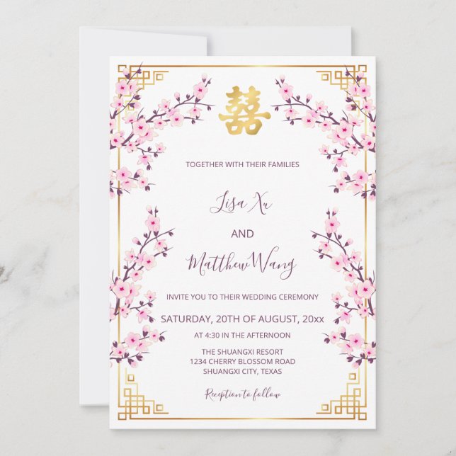 Chinesische Hochzeit von Pink Cherry Blossom Einladung (Vorderseite)