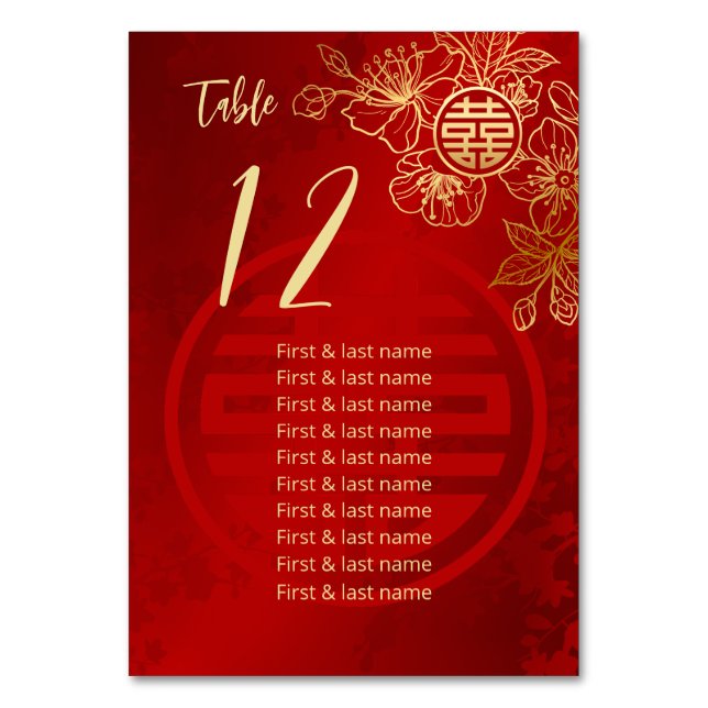 Chinesische Hochzeitgästen mit floralen Namen Tischnummer (Vorderseite)
