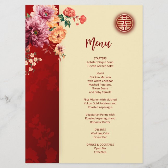 Chinesische Hochzeitkarte für Peony Chinese Menükarte (Vorderseite)