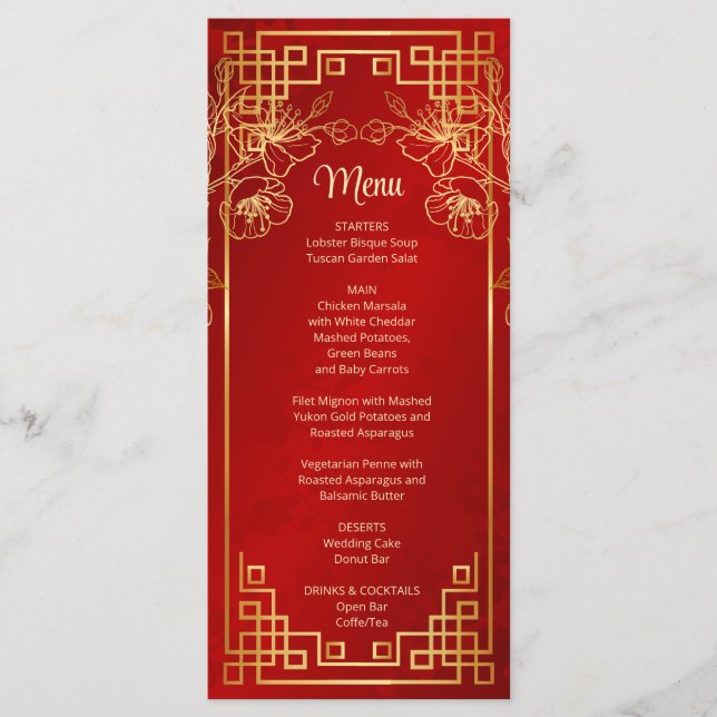 Chinesische Hochzeitskarte "Red Cherry Blossom" Menükarte (Vorderseite)