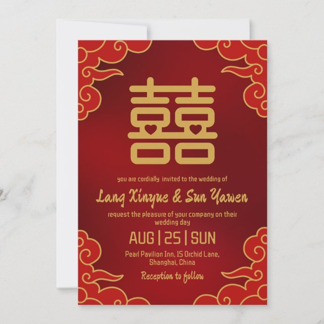 Chinesische Hochzeitsreise mit modernem Gold Einladung (Vorderseite)