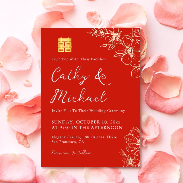 Chinesische Hochzeitszeremonie in Rot-Eleganz Einladung (Modern Chinese Wedding invitation floral Chinese tea ceremony invite double happiness)