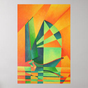 Chinesische Junk segelt bei Sonnenaufgang Orange u Poster