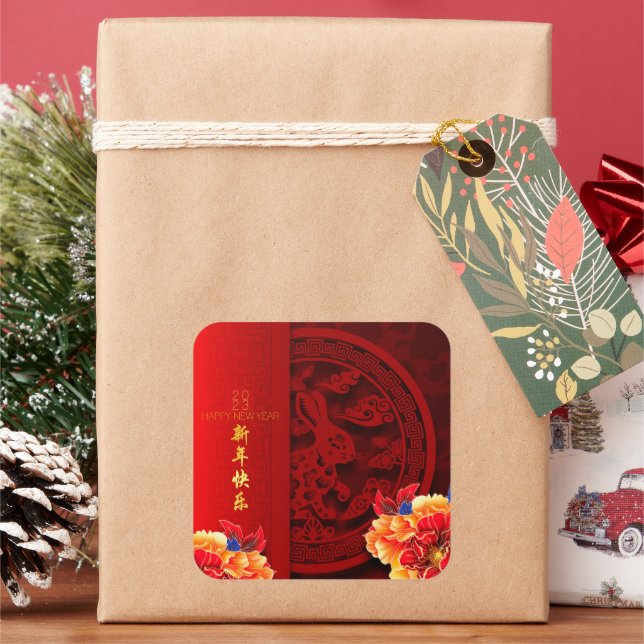 Chinesische Kaninchen-Papier-schneiden Peonies Neu Quadratischer Aufkleber (Feiertag)