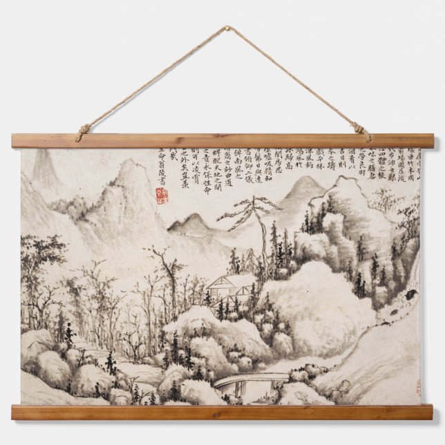 Chinesische Landschaftsaufhängung Wandteppich Mit Holzrahmen (Vorne)