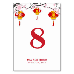 Chinesische Laternen und Kirschblüten Hochzeit Tischnummer