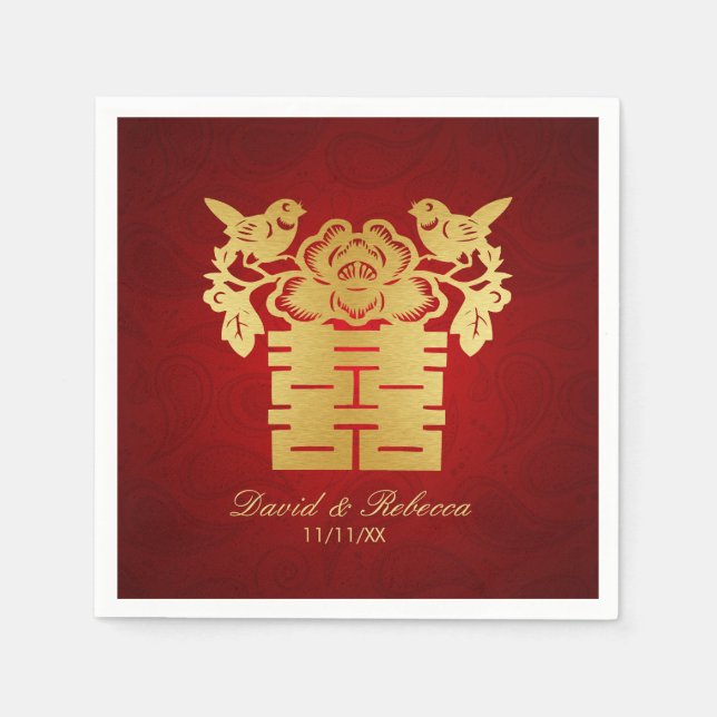 Chinesische Liebesvögel Doppelglückssymbol Serviette (Vorderseite)