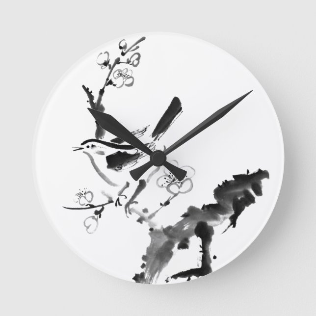 Chinesische Malerei, Pflaumenblüte und Vögel Runde Wanduhr (Vorderseite)