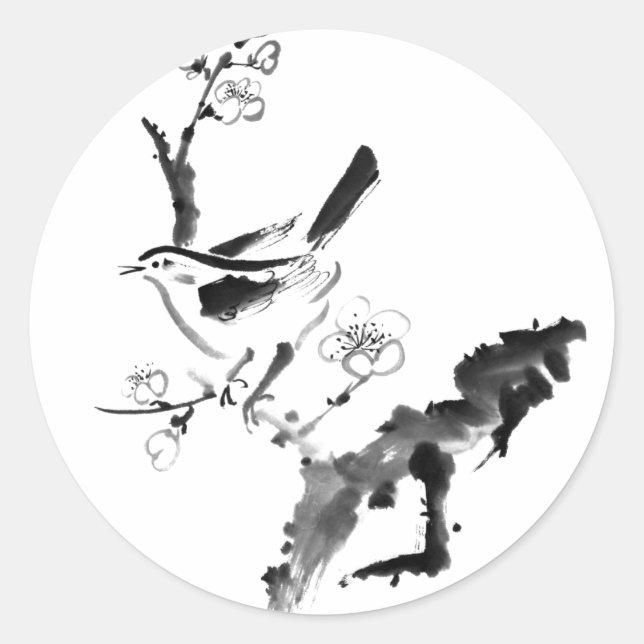 Chinesische Malerei, Pflaumenblüte und Vögel Runder Aufkleber (Vorderseite)
