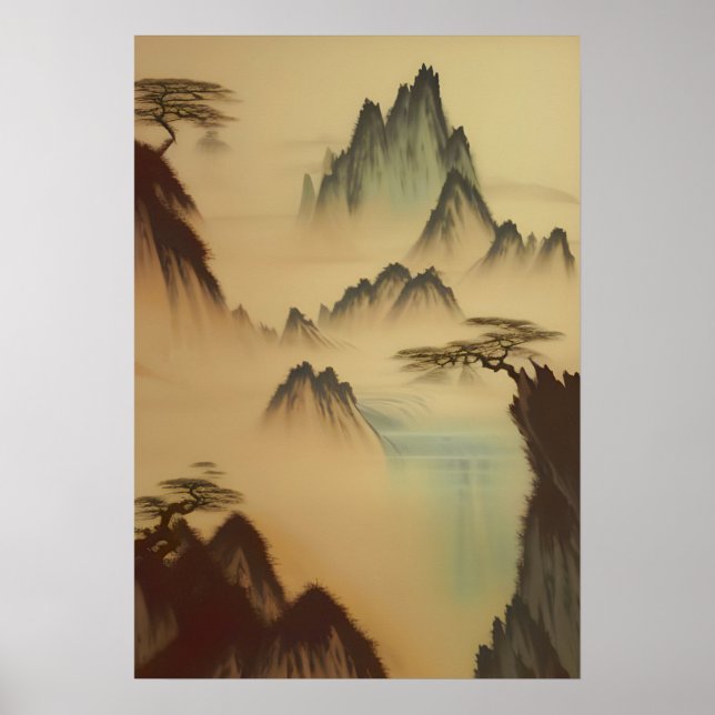 Chinesische Malereien und Wasserfall Poster (Vorne)