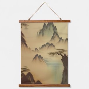 Chinesische Malereien und Wasserfall Wandteppich Mit Holzrahmen